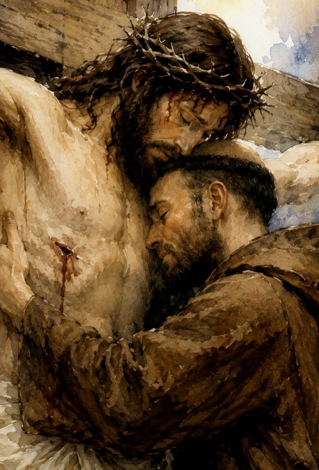 Saint Francis of Assisi embracing the crucified Christ — watercolor