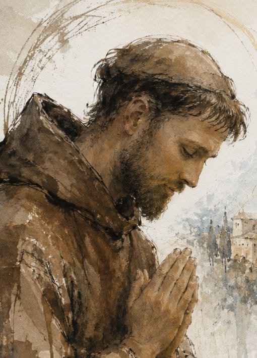 Saint Francis of Assisi in prayer — watercolor